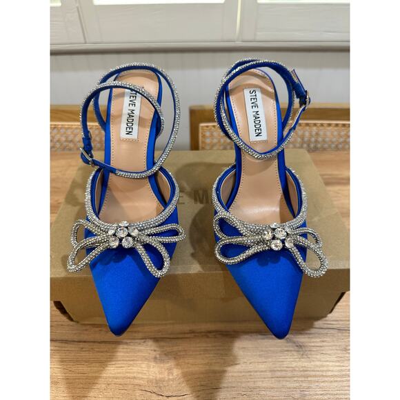 Steve Madden Viable Heels Cobalt Blue Rhinestones Bow Design Size 6.5 NIB Dressy - Picture 4 of 12